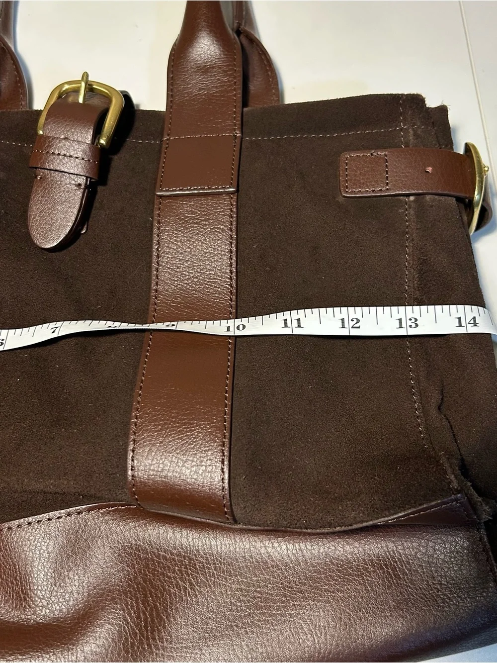 Lands’ End Suede Leather Tote Bag Brown Buckle Shoulder Handbag Large